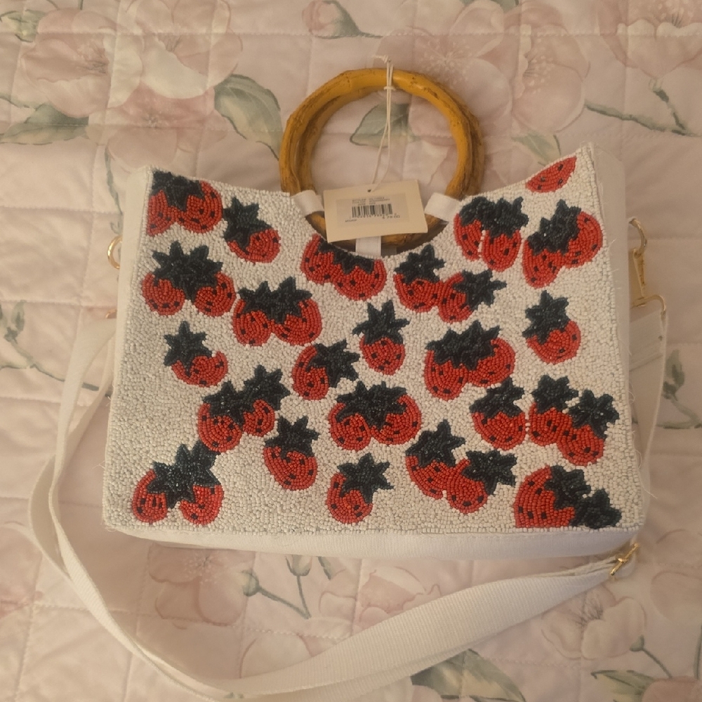 Straw Handle White Tote with Red & Black Strawberry Beading